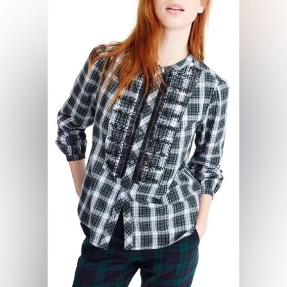 J Crew Embellished Button-Up Shirt in Forest Tartan Glen Plaid Size Small NWOT - Picture 3 of 8